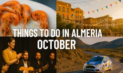 Things to do in Almeria October – collage featuring local seafood, a lively outdoor festival, a flamenco performance, and a rally car in the Almeria desert.