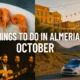Things to do in Almeria October – collage featuring local seafood, a lively outdoor festival, a flamenco performance, and a rally car in the Almeria desert.
