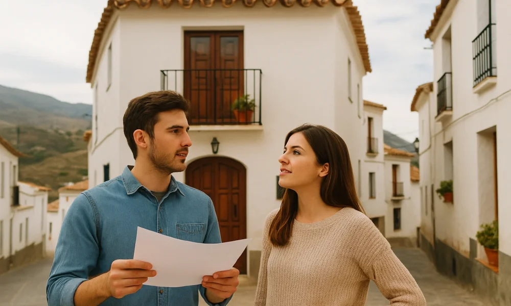 Young home buyers in Almeria looking at a house in a rural Andalusian village street, illustrating the 2026–2030 housing aid plan.