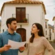 Young home buyers in Almeria looking at a house in a rural Andalusian village street, illustrating the 2026–2030 housing aid plan.