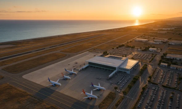 Almeria Airport winter schedule 2025 aerial view at sunset