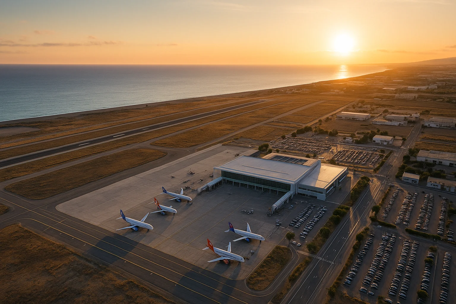 Almeria Airport winter schedule 2025 aerial view at sunset