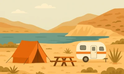 Flat-style illustration of a camping setup by a dry coastal landscape with cliffs and agave plants, inspired by Cabo de Gata