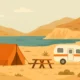 Flat-style illustration of a camping setup by a dry coastal landscape with cliffs and agave plants, inspired by Cabo de Gata