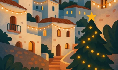 Christmas in Mojacar Pueblo with white houses and a decorated tree