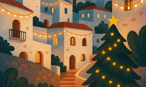 Christmas in Mojacar Pueblo with white houses and a decorated tree