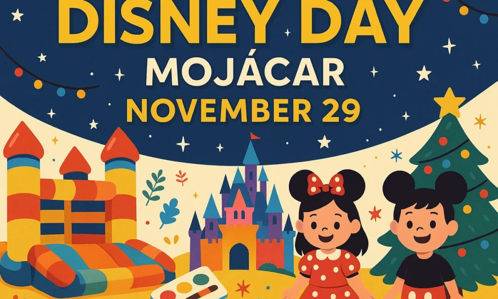 Disney Day Mojácar illustration with bouncy castle, castle backdrop and children in costume
