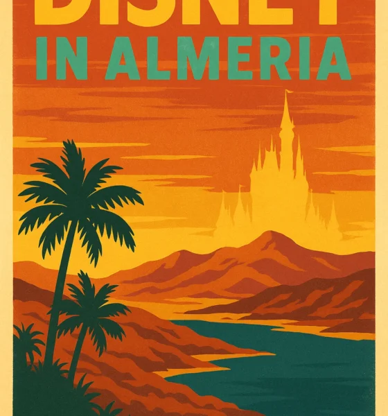 Retro-style Disney in Almeria poster with castle silhouette and coastal landscape