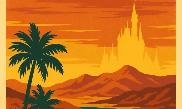 Retro-style Disney in Almeria poster with castle silhouette and coastal landscape