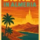 Retro-style Disney in Almeria poster with castle silhouette and coastal landscape