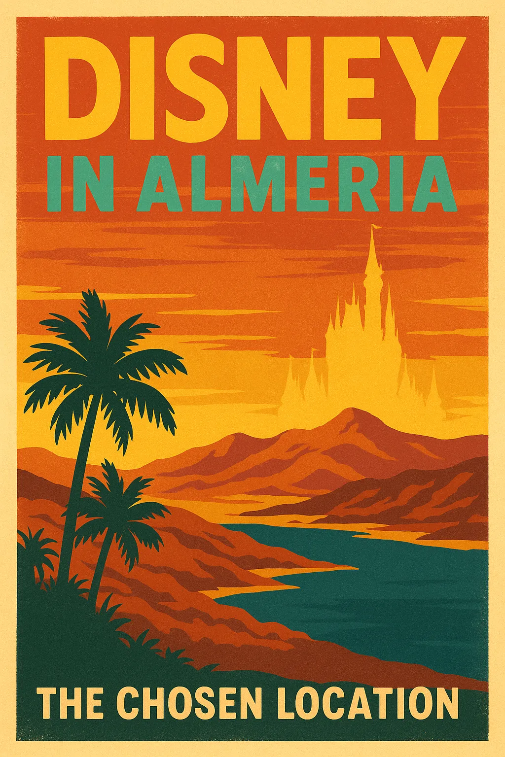 Retro-style Disney in Almeria poster with castle silhouette and coastal landscape