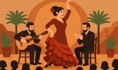 flamenco dancer performing with guitarist and clapper on stage, inspired by Andalusian cultural settings