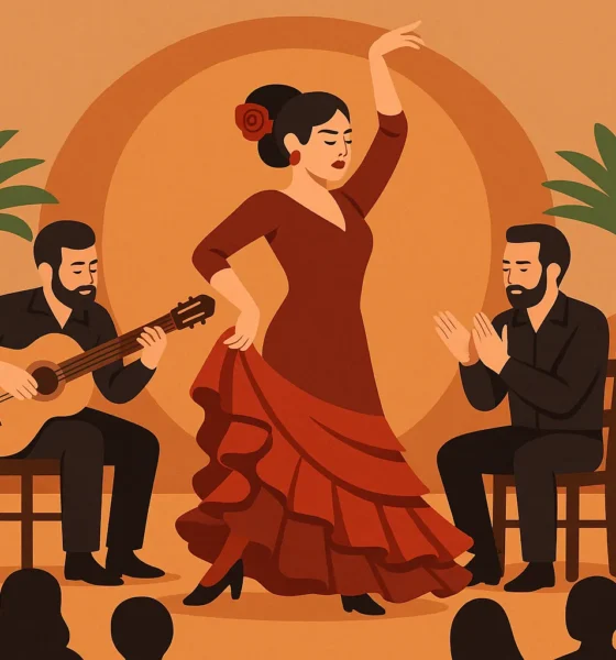 flamenco dancer performing with guitarist and clapper on stage, inspired by Andalusian cultural settings