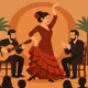 flamenco dancer performing with guitarist and clapper on stage, inspired by Andalusian cultural settings