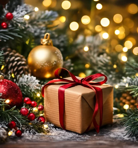 Festive Christmas decorations with gift box, lights and ornaments for the start of Mojácar Christmas 2025