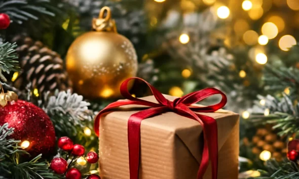 Festive Christmas decorations with gift box, lights and ornaments for the start of Mojácar Christmas 2025