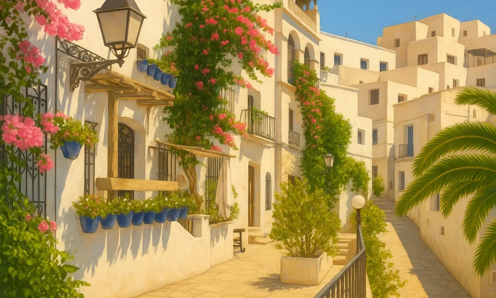 Mojacar Pueblo white streets with flowers and traditional Mediterranean architecture