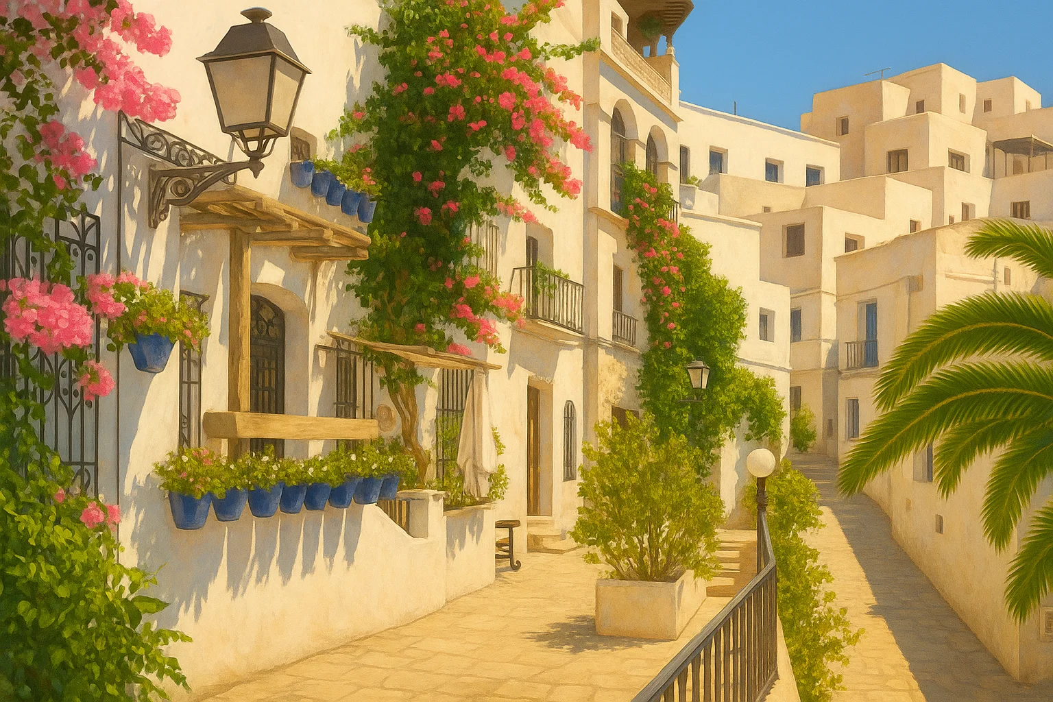 Mojacar Pueblo whitewashed street with flowers and Mediterranean sunlight
