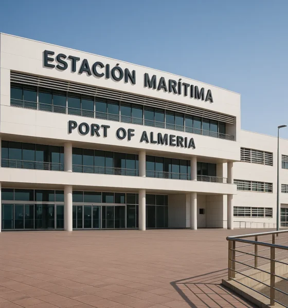 Port of Almeria maritime station exterior with modern white facade and open plaza