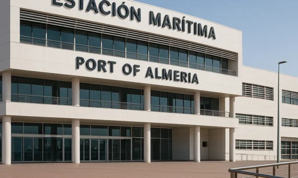 Port of Almeria maritime station exterior with modern white facade and open plaza