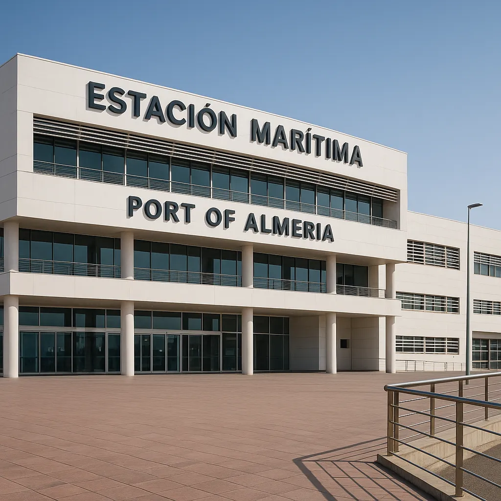 Port of Almeria maritime station exterior with modern white facade and open plaza
