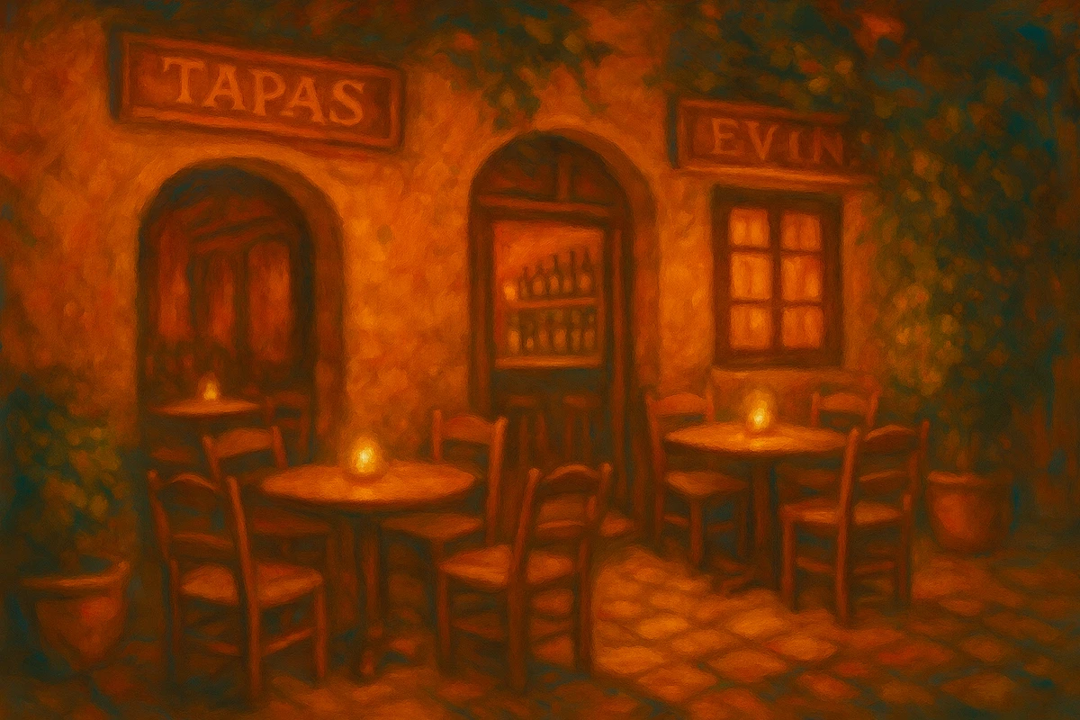Warm Andalusian tapas terrace at night — Mojacar Pueblo atmosphere