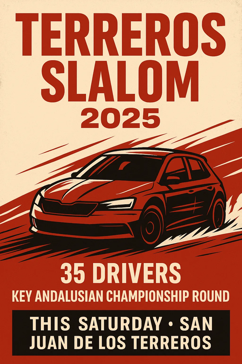 Terreros Slalom 2025 promotional poster with racing car illustration