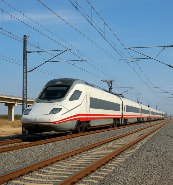 Murcia–Almería High-Speed Rail infrastructure with a high-speed train on electrified tracks
