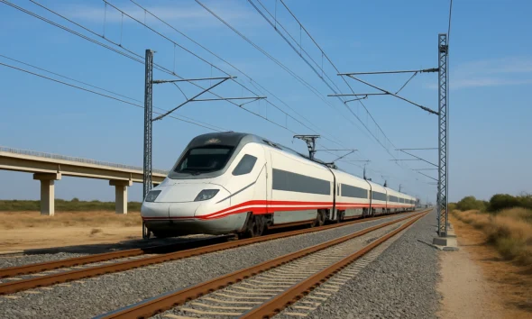Murcia–Almería High-Speed Rail infrastructure with a high-speed train on electrified tracks