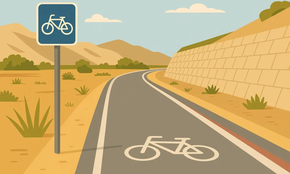 Flat-style illustration of a reinforced slope and cycle path in Vera with dry hills and Mediterranean vegetation