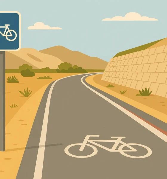 Flat-style illustration of a reinforced slope and cycle path in Vera with dry hills and Mediterranean vegetation
