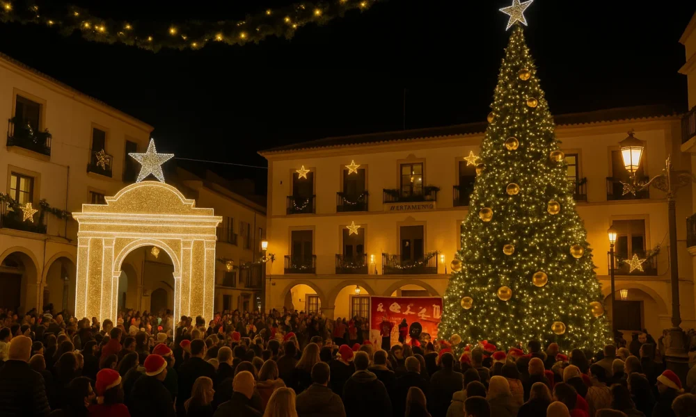 Vera Magical Christmas lights and decorations illuminating Plaza Mayor during the festive season.