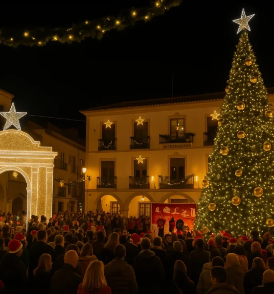 Vera Magical Christmas lights and decorations illuminating Plaza Mayor during the festive season.
