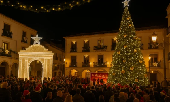 Vera Magical Christmas lights and decorations illuminating Plaza Mayor during the festive season.