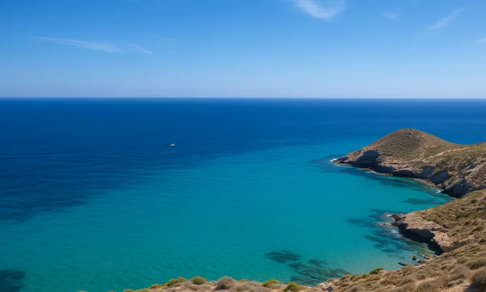 Turquoise Mediterranean sea near Agua Amarga with rocky coastline in Cabo de Gata Natural Park, Almeria