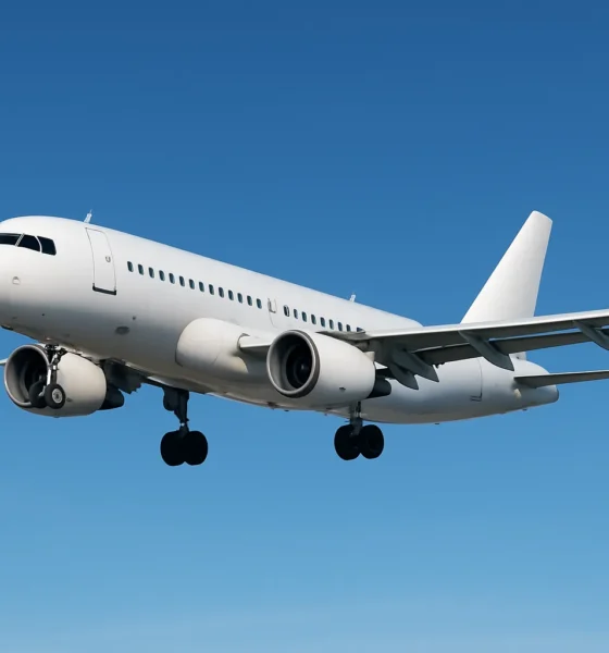 Commercial aircraft flying in clear blue sky, representing direct flights from Almeria to Santander