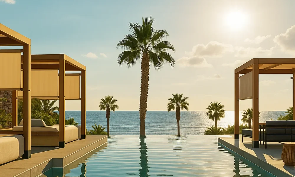 Infinity pool and cabanas overlooking the Mediterranean Sea at Las Terrazas Macenas in Mojacar