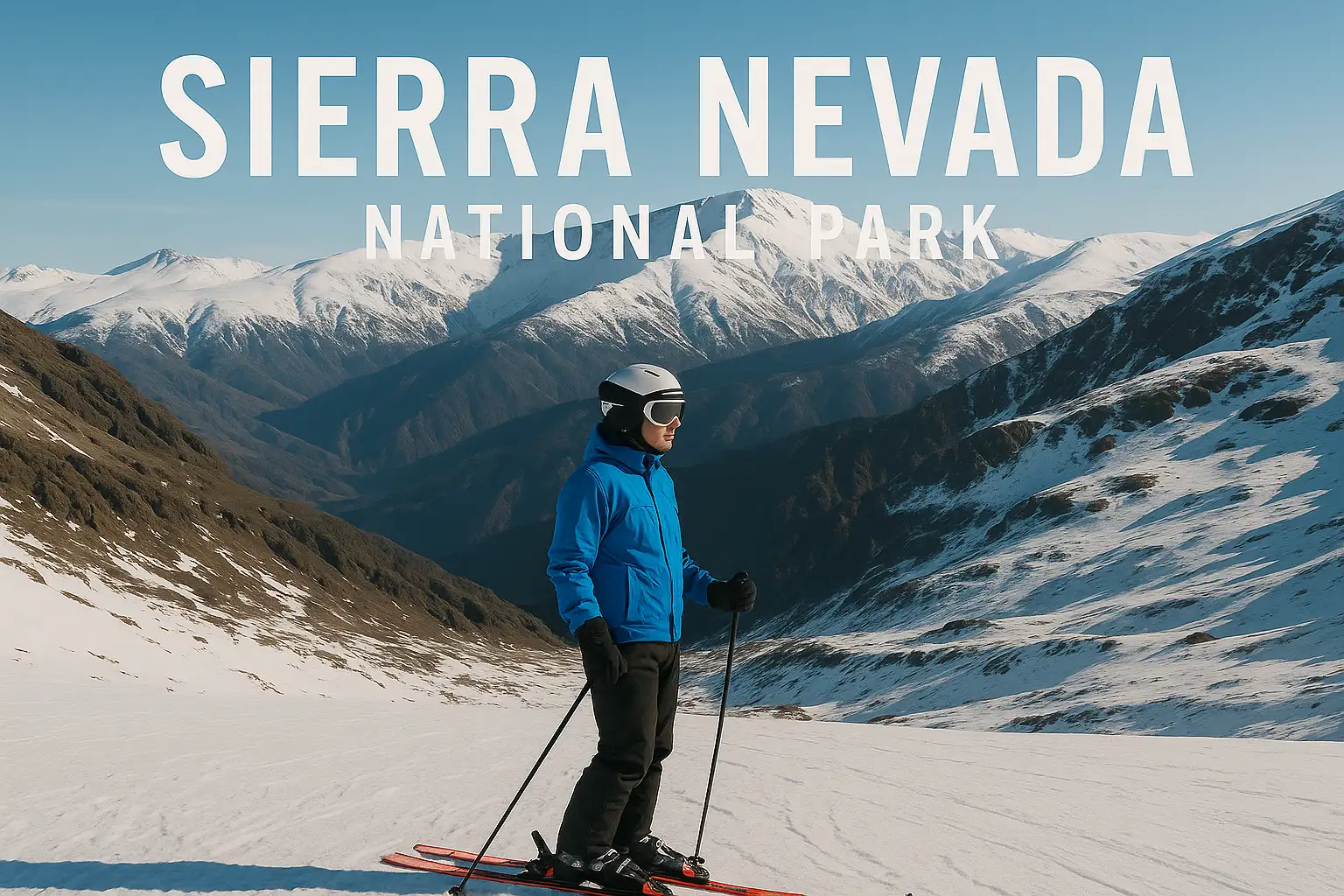 Skier in Sierra Nevada National Park near Puerto de la Ragua with snowy mountain peaks