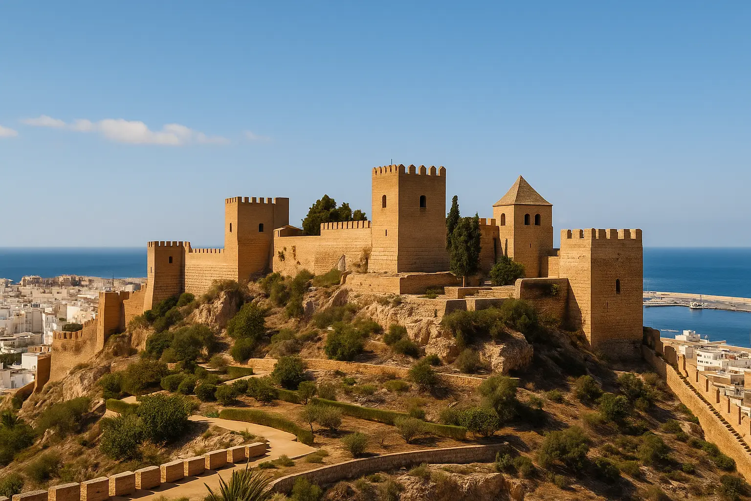 Panoramic view of the Alcazaba Almeria fortress with its historic walls overlooking the city and the Mediterranean Sea