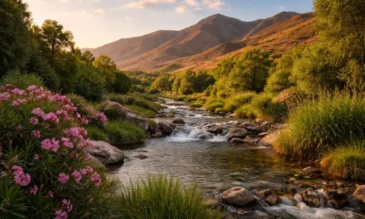 River valley landscape near Almocita in the Alpujarra Almeriense with greenery and Sierra Nevada foothills in Almeria