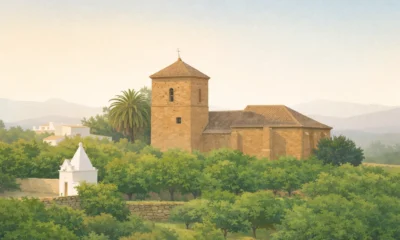 Calm illustrated landscape of Alsodux in the Andarax valley with terraced orchards, olive trees and a small historic church in inland Almeria