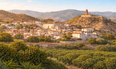 Illustrated view of Arboleas in the Almanzora Valley with white village houses, river landscape and surrounding farmland in inland Almeria