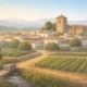 Illustrated view of Armuna de Almanzora in the Almanzora Valley with white village houses, farmland and a historic church in inland Almeria