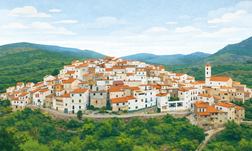 Bacares village in the Sierra de los Filabres, Almeria, illustrated mountain landscape with white houses and surrounding hills