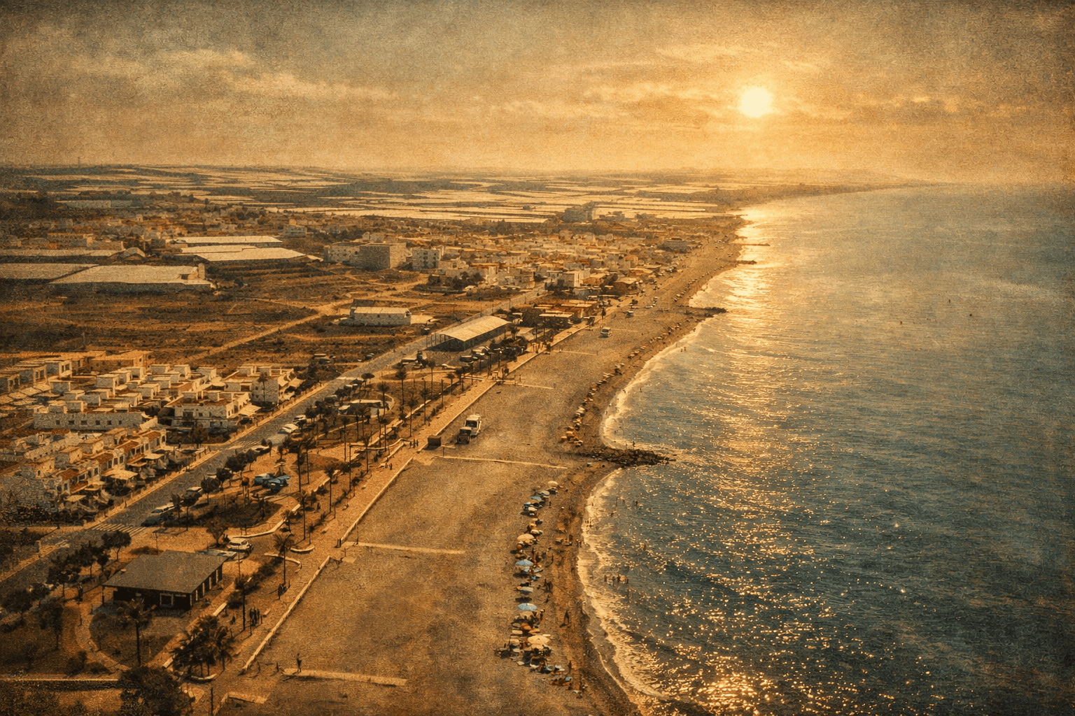 Quiet coastline of Balanegra in Almeria with beach and surrounding greenhouse landscape