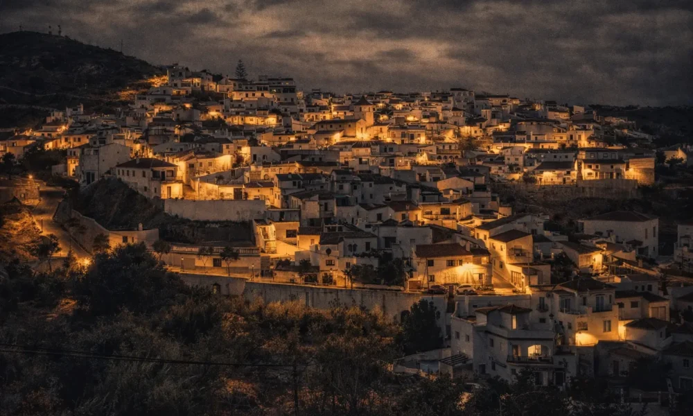 Bedar village at dusk, hilltop houses overlooking the Almanzora basin and the coast in Almeria