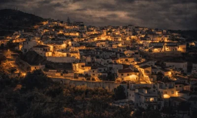 Bedar village at dusk, hilltop houses overlooking the Almanzora basin and the coast in Almeria