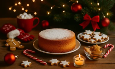 Christmas in Archilla: festive table with a sponge cake, Christmas cookies, candy canes and warm holiday decorations.
