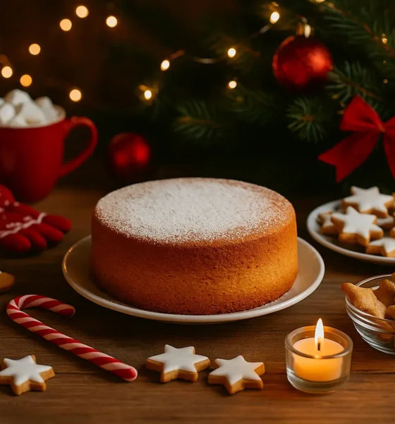 Christmas in Archilla: festive table with a sponge cake, Christmas cookies, candy canes and warm holiday decorations.
