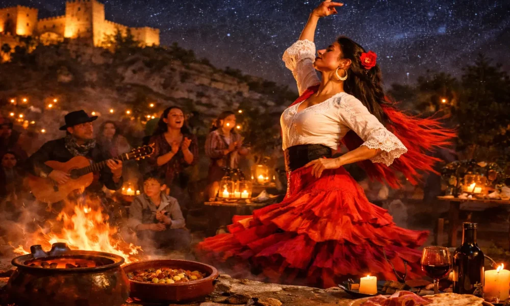 Flamenco dancer by candlelight during La Noche de las Candelas at the Mesón Gitano in Almeria